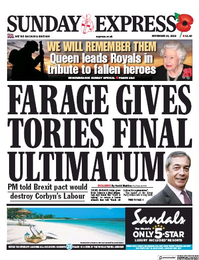 Daily Express Sunday Newspaper Front Page for 10 November 2019