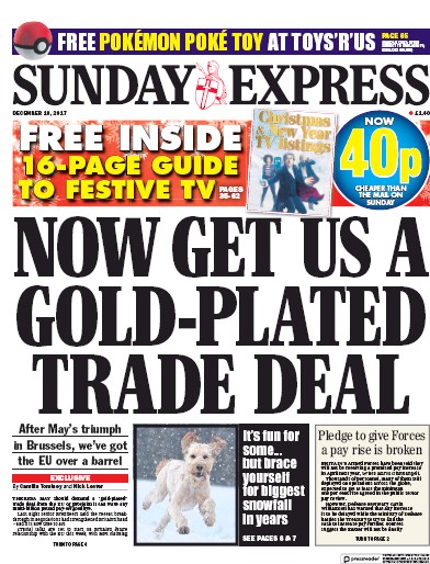 Daily Express Sunday Newspaper Front Page for 10 December 2017