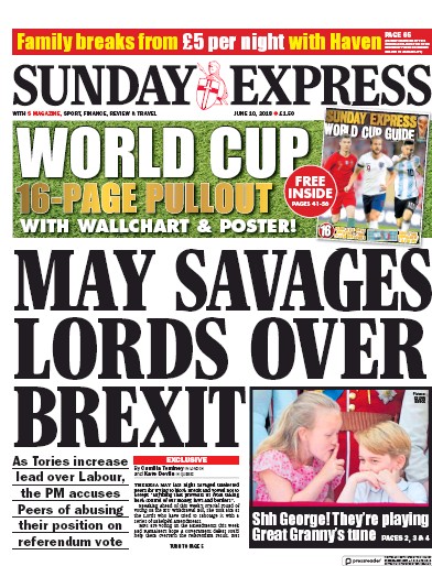 Daily Express Sunday Newspaper Front Page for 10 June 2018