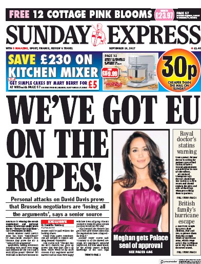 Daily Express Sunday Newspaper Front Page for 10 September 2017
