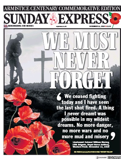 Daily Express Sunday Newspaper Front Page for 11 November 2018