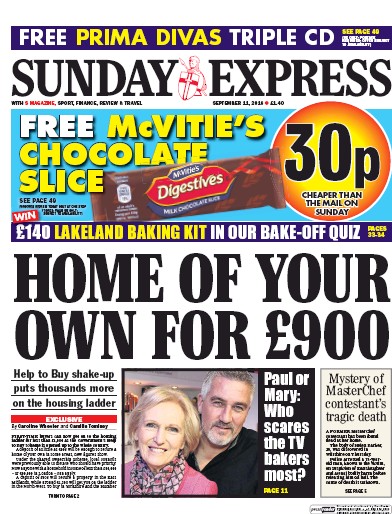 Daily Express Sunday Newspaper Front Page for 11 September 2016