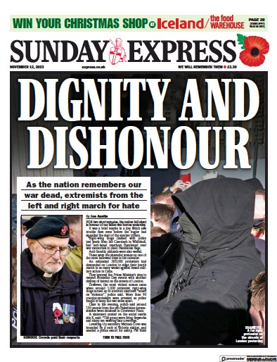 Daily Express Sunday Newspaper Front Page for 12 November 2023