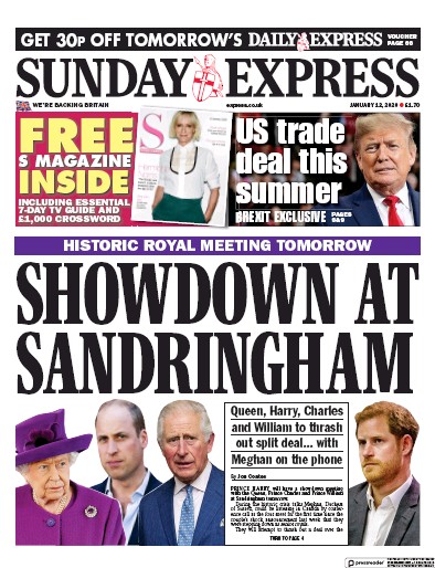 Daily Express Sunday Newspaper Front Page for 12 January 2020