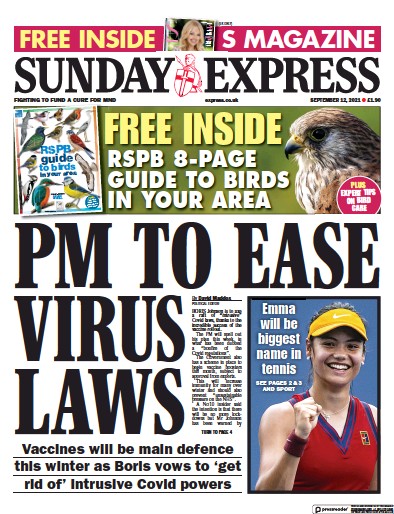 Daily Express Sunday (UK) Newspaper Front Page for 12 September 2021