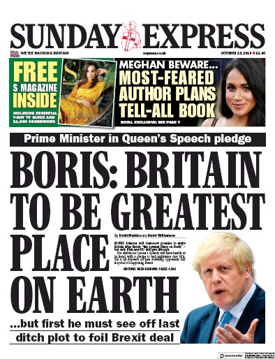 Daily Express Sunday Newspaper Front Page for 13 October 2019