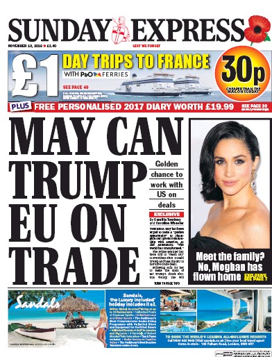Daily Express Sunday Newspaper Front Page for 13 November 2016