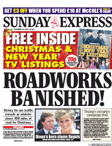 Daily Express Sunday Newspaper Front Page for 13 December 2015