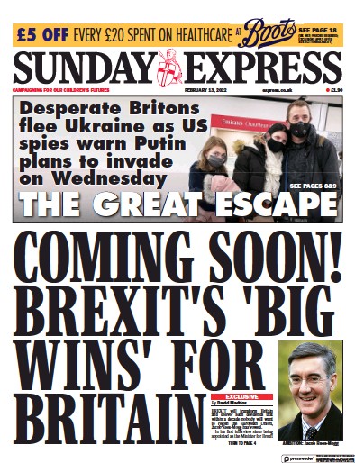Daily Express Sunday (UK) Newspaper Front Page for 13 February 2022