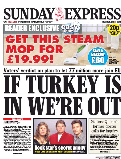 Daily Express Sunday Newspaper Front Page for 13 March 2016