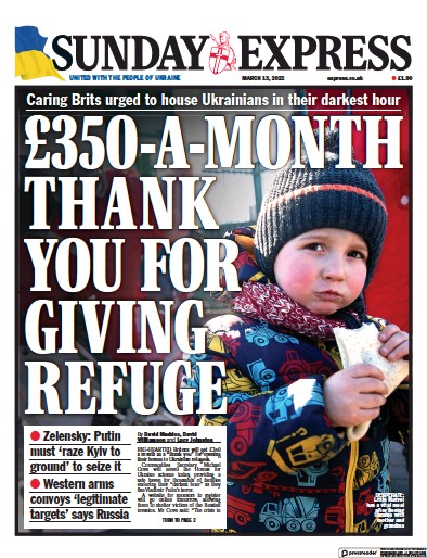 Daily Express Sunday Newspaper Front Page for 13 March 2022
