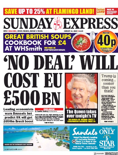 Daily Express Sunday Newspaper Front Page for 14 January 2018