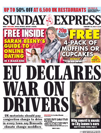 Daily Express Sunday Newspaper Front Page for 14 February 2016