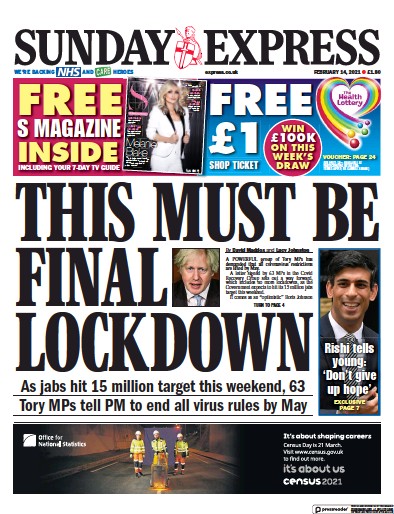Daily Express Sunday Newspaper Front Page for 14 February 2021