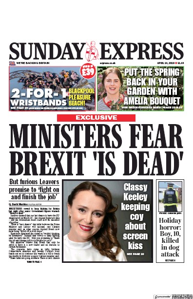 Daily Express Sunday Newspaper Front Page for 14 April 2019