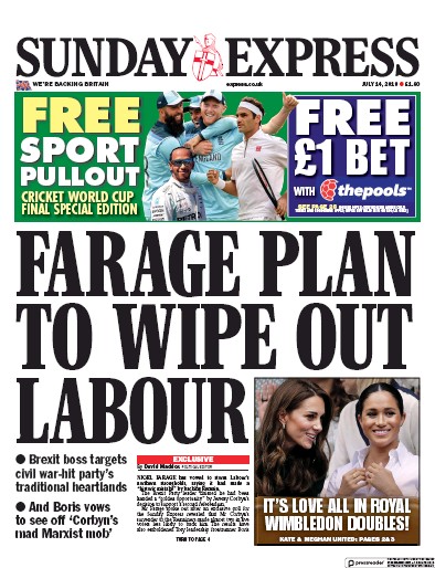 Daily Express Sunday Newspaper Front Page for 14 July 2019