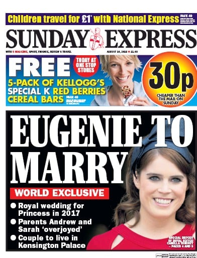 Daily Express Sunday Newspaper Front Page for 14 August 2016