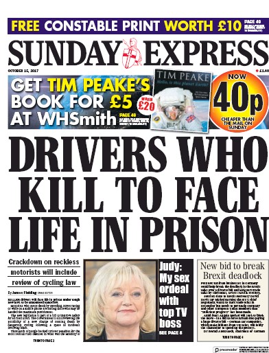 Daily Express Sunday Newspaper Front Page for 15 October 2017