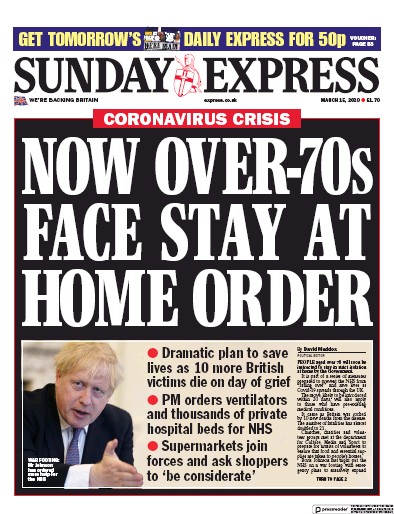 Daily Express Sunday Newspaper Front Page for 15 March 2020