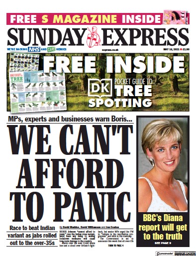 Daily Express Sunday Newspaper Front Page for 16 May 2021