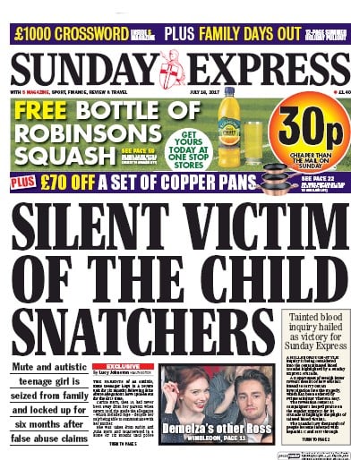 Daily Express Sunday Newspaper Front Page for 16 July 2017