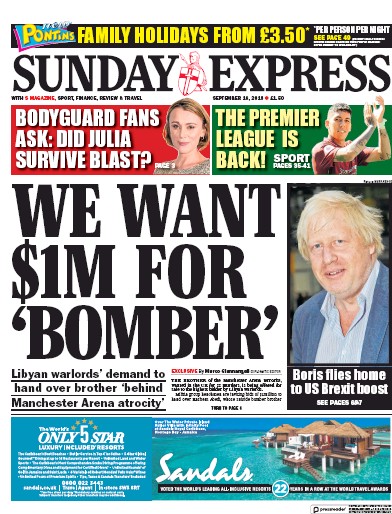 Daily Express Sunday Newspaper Front Page for 16 September 2018