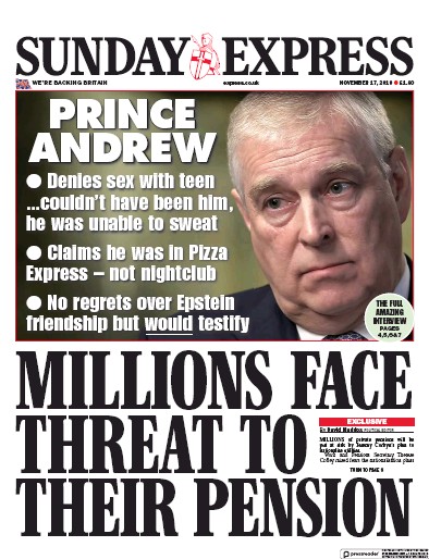 Daily Express Sunday Newspaper Front Page for 17 November 2019