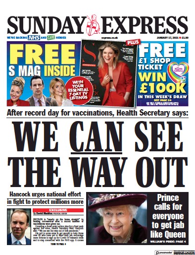 Daily Express Sunday Newspaper Front Page for 17 January 2021
