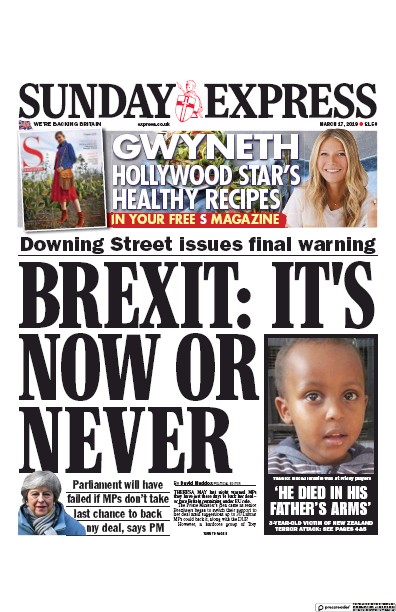 Daily Express Sunday Newspaper Front Page for 17 March 2019