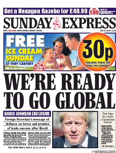 Daily Express Sunday Newspaper Front Page for 17 July 2016