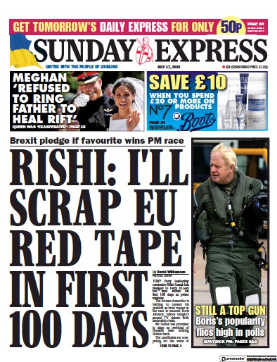 Daily Express Sunday Newspaper Front Page for 17 July 2022