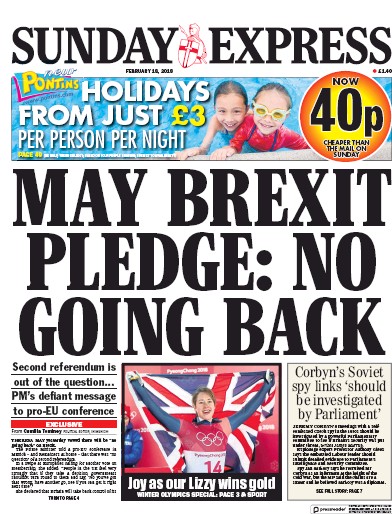 Daily Express Sunday Newspaper Front Page for 18 February 2018