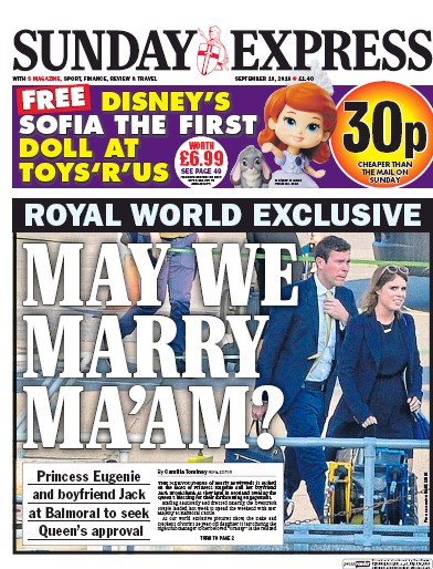 Daily Express Sunday Newspaper Front Page for 18 September 2016