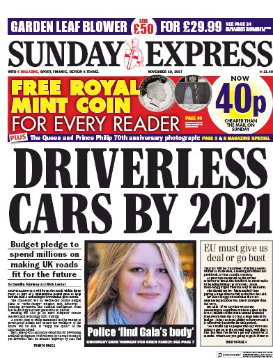 Daily Express Sunday Newspaper Front Page for 19 November 2017