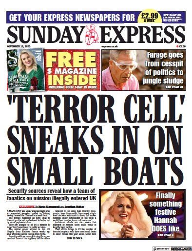 Daily Express Sunday Newspaper Front Page for 19 November 2023