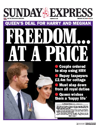 Daily Express Sunday (UK) Newspaper Front Page for 19 January 2020