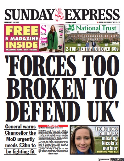 Daily Express Sunday (UK) Newspaper Front Page for 19 February 2023