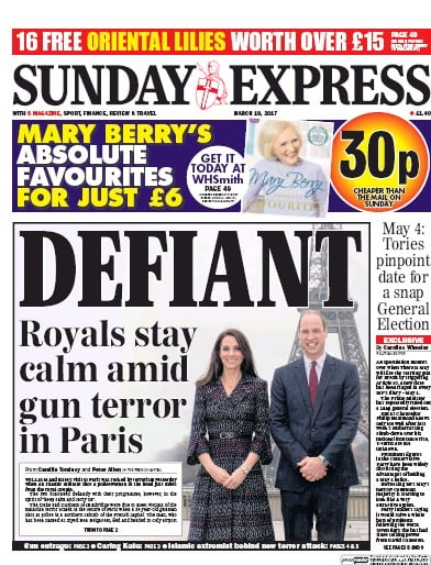 Daily Express Sunday Newspaper Front Page for 19 March 2017
