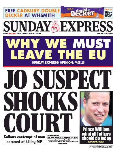 Daily Express Sunday Newspaper Front Page for 19 June 2016
