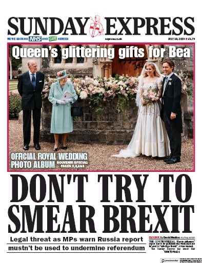 Daily Express Sunday Newspaper Front Page for 19 July 2020