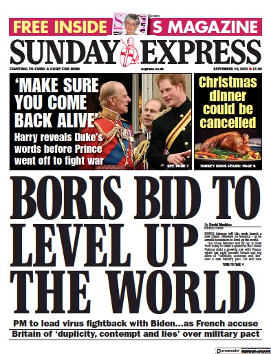 Daily Express Sunday (UK) Newspaper Front Page for 19 September 2021