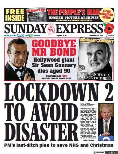 Daily Express Sunday Newspaper Front Page for 1 November 2020