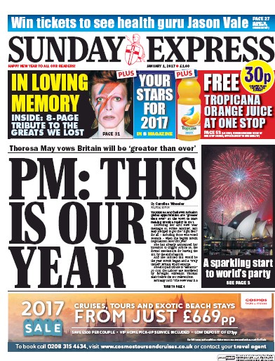 Daily Express Sunday Newspaper Front Page for 1 January 2017
