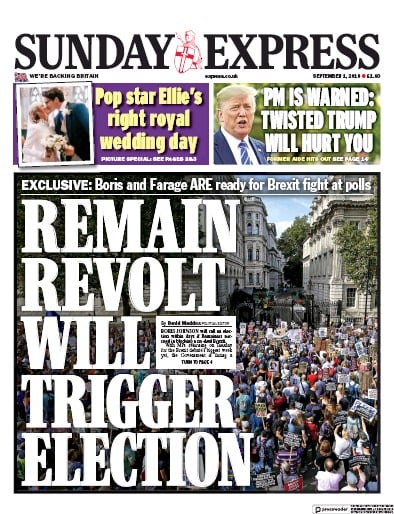Daily Express Sunday Newspaper Front Page for 1 September 2019