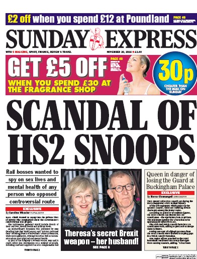 Daily Express Sunday Newspaper Front Page for 20 November 2016