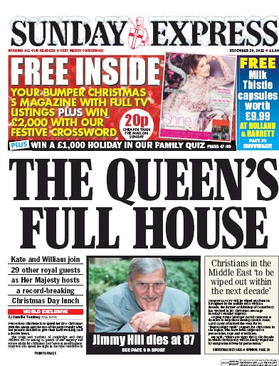 Daily Express Sunday Newspaper Front Page for 20 December 2015