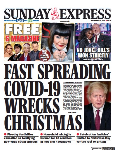 Daily Express Sunday Newspaper Front Page for 20 December 2020