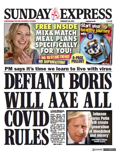 Daily Express Sunday Newspaper Front Page for 20 February 2022