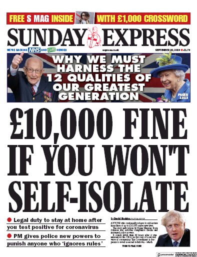 Daily Express Sunday Newspaper Front Page for 20 September 2020
