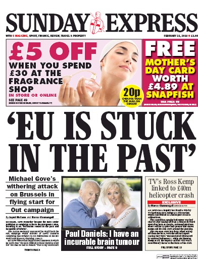Daily Express Sunday Newspaper Front Page for 21 February 2016